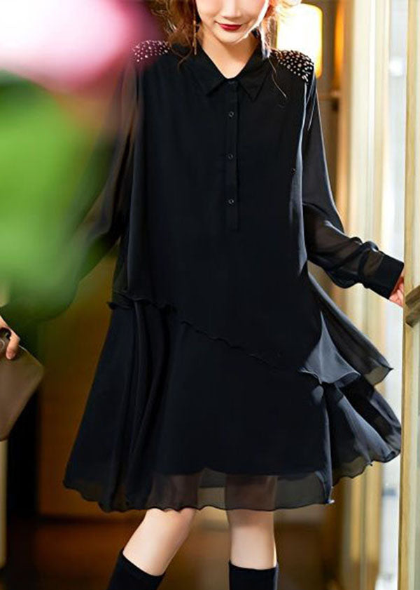 Style Black Peter Pan Collar Rivet Patchwork Chiffon Shirts Dresses Spring LY3836 - fabuloryshop