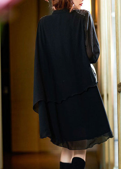 Style Black Peter Pan Collar Rivet Patchwork Chiffon Shirts Dresses Spring LY3836 - fabuloryshop