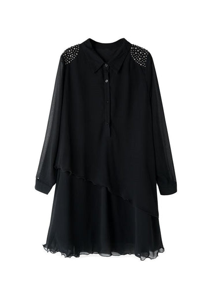 Style Black Peter Pan Collar Rivet Patchwork Chiffon Shirts Dresses Spring LY3836 - fabuloryshop