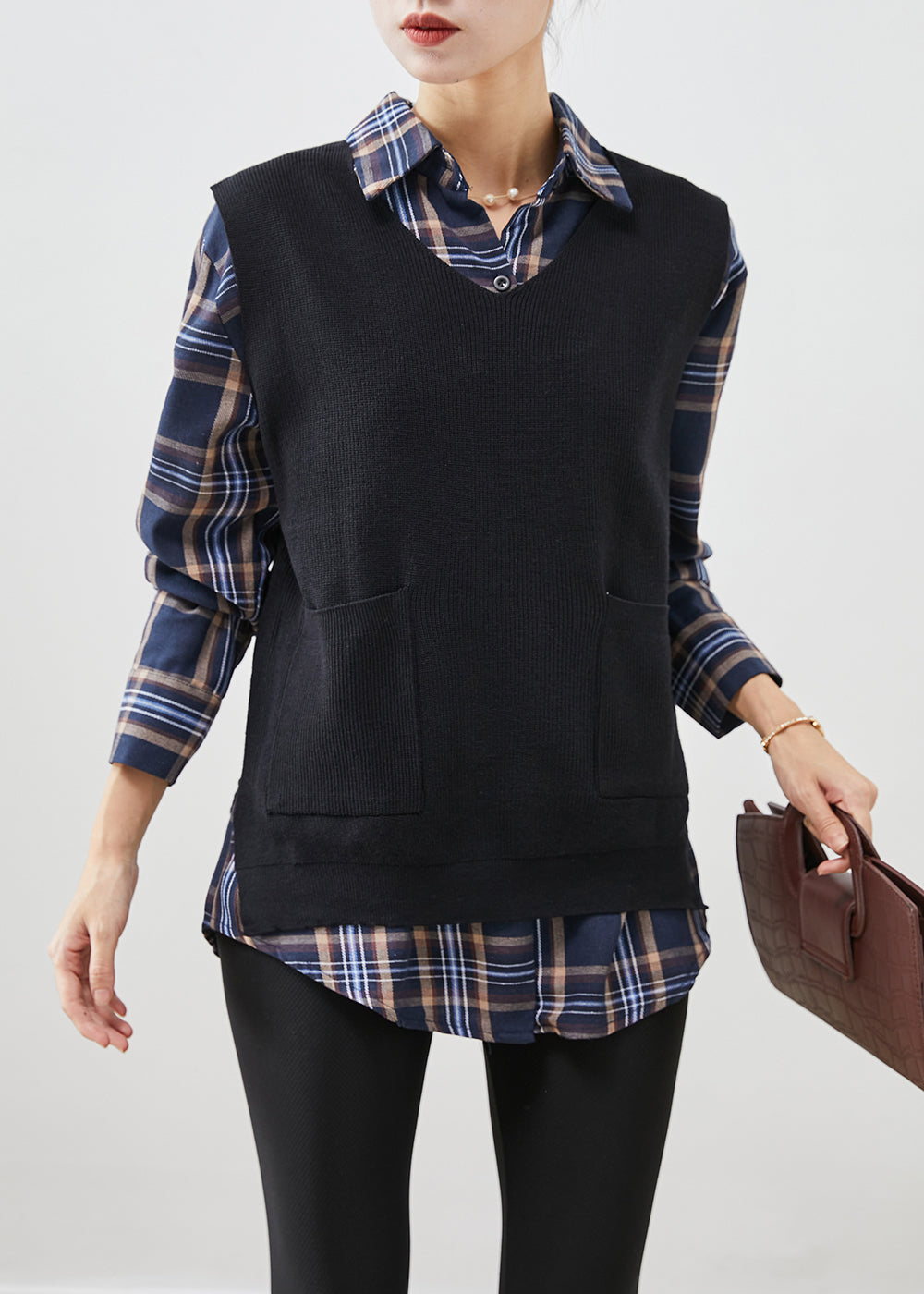 Style Black Plaid Knit Vest And Shirt Two Pieces Set Fall Ada Fashion