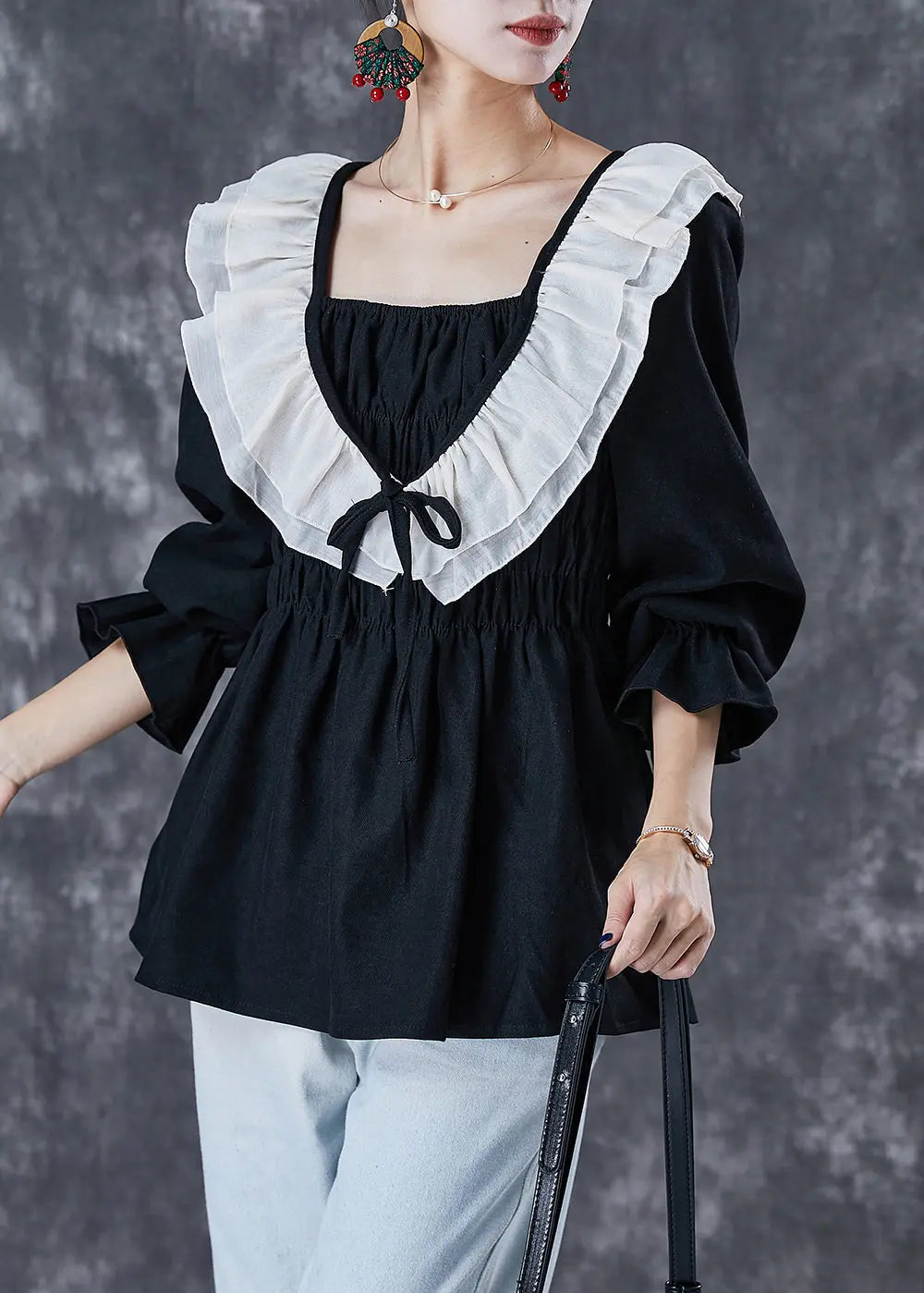 Style Black Ruffled Patchwork Cotton Blouses Fall Ada Fashion