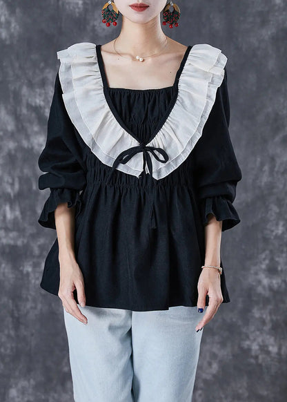 Style Black Ruffled Patchwork Cotton Blouses Fall Ada Fashion