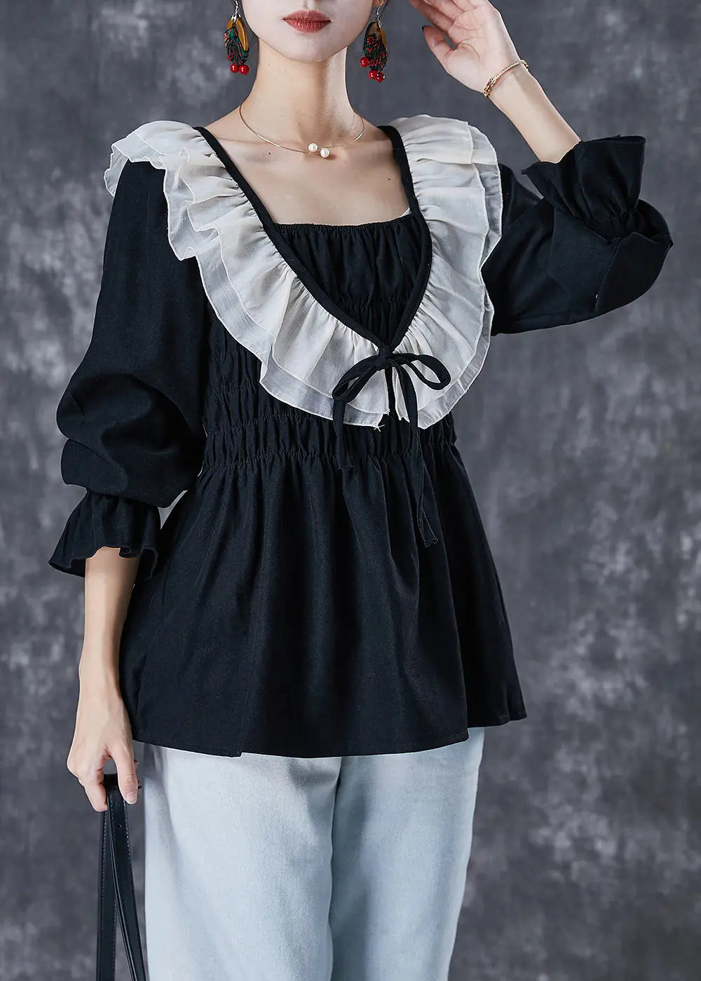 Style Black Ruffled Patchwork Cotton Blouses Fall Ada Fashion