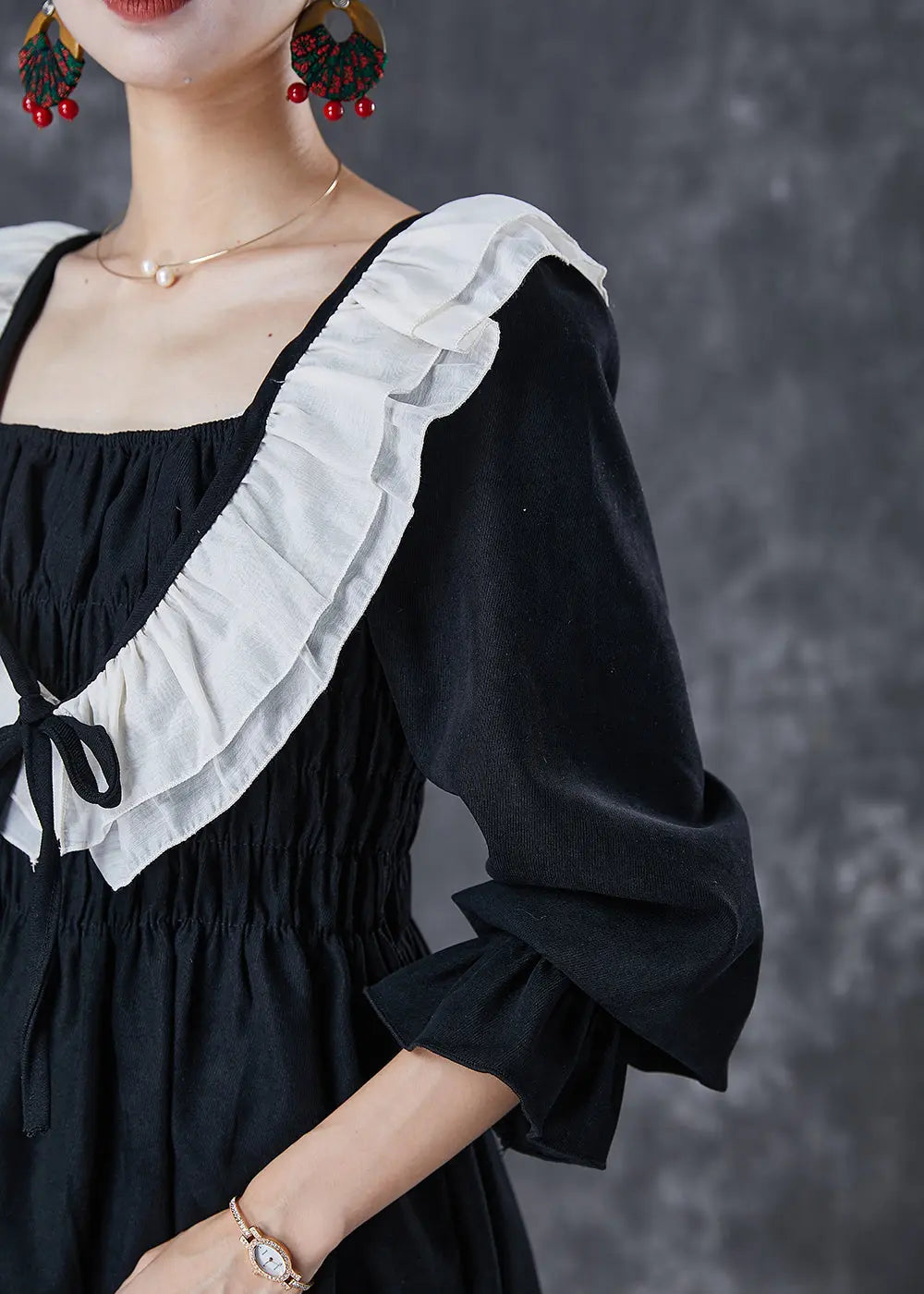 Style Black Ruffled Patchwork Cotton Blouses Fall Ada Fashion