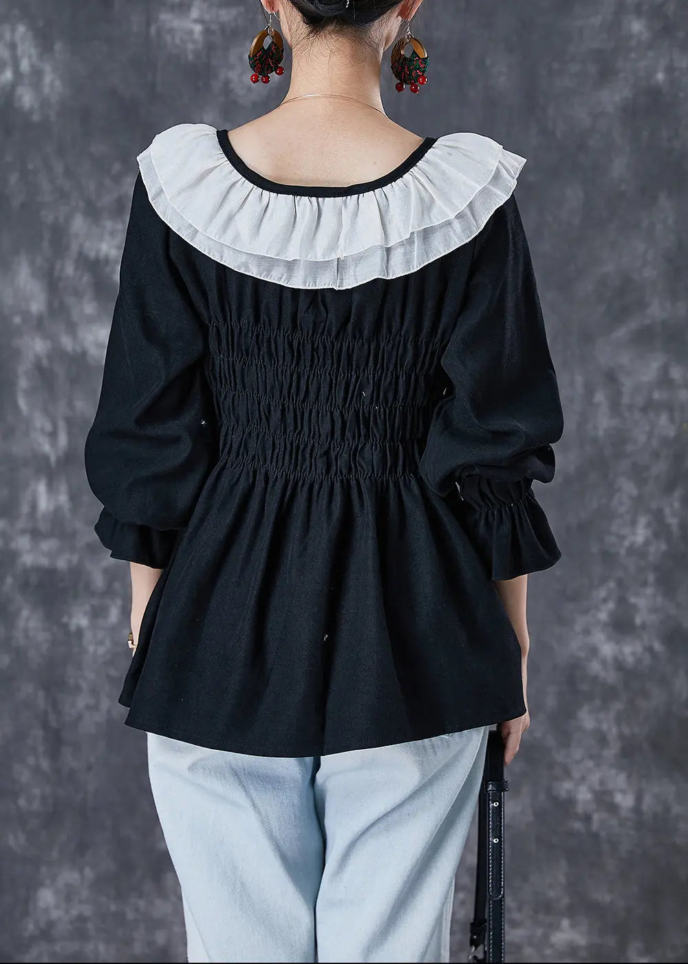 Style Black Ruffled Patchwork Cotton Blouses Fall Ada Fashion