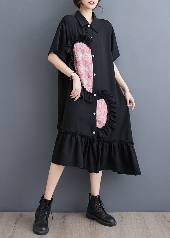 Style Black Ruffled Patchwork Cotton Shirt Dresses Summer LY7312 - fabuloryshop