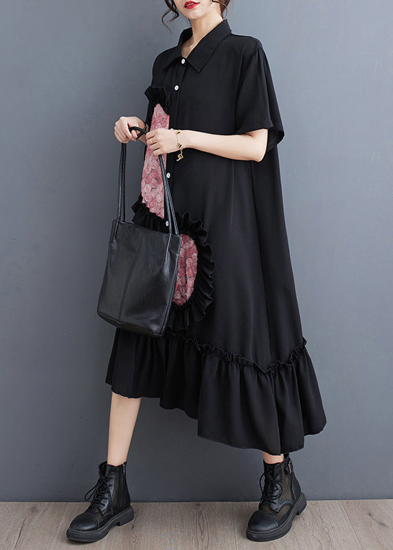 Style Black Ruffled Patchwork Cotton Shirt Dresses Summer LY7312 - fabuloryshop