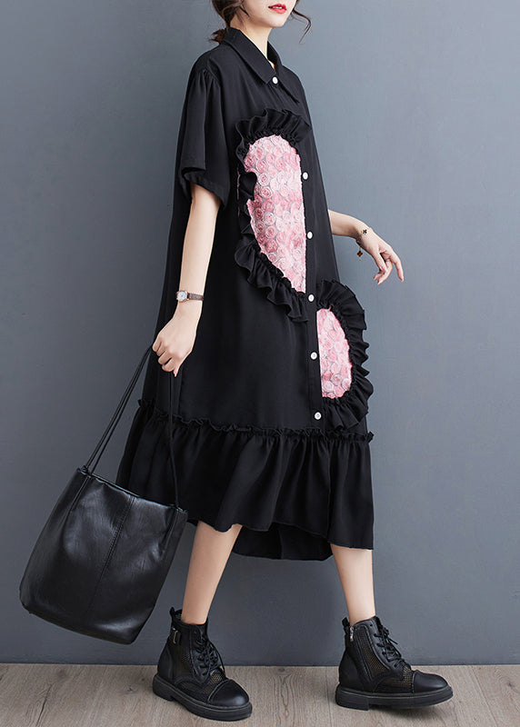 Style Black Ruffled Patchwork Cotton Shirt Dresses Summer LY7312 - fabuloryshop