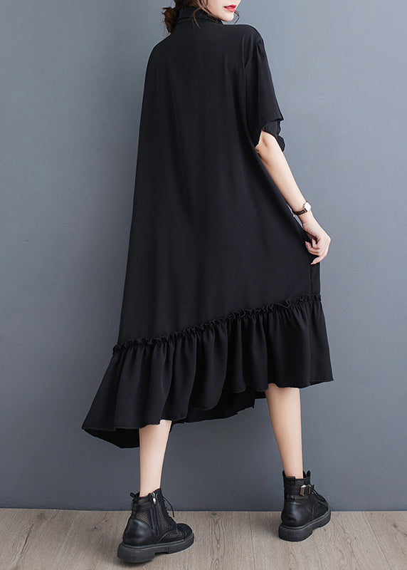 Style Black Ruffled Patchwork Cotton Shirt Dresses Summer LY7312 - fabuloryshop