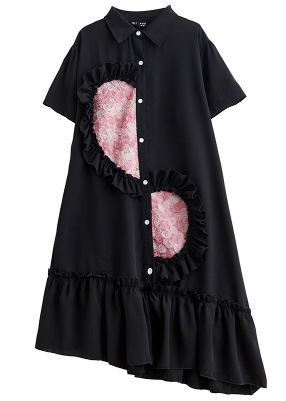 Style Black Ruffled Patchwork Cotton Shirt Dresses Summer LY7312 - fabuloryshop