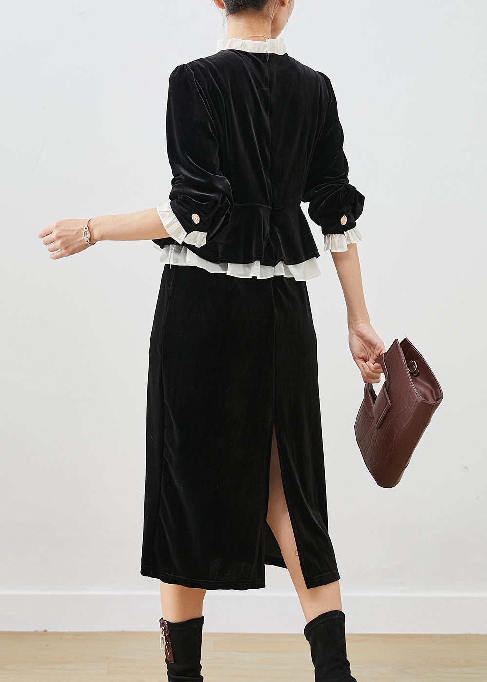 Style Black Ruffled Patchwork Silk Velour Dresses Fall Ada Fashion