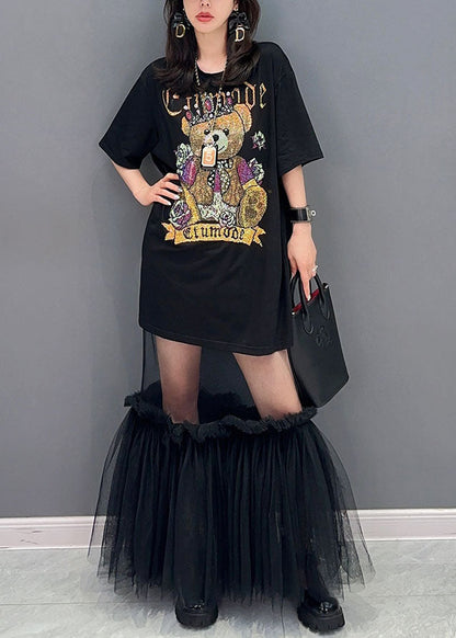 Style Black Tulle Ruffled Cartoon print Patchwork Cotton Dress Summer LY5793 - fabuloryshop