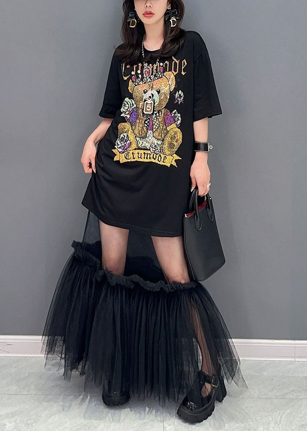 Style Black Tulle Ruffled Cartoon print Patchwork Cotton Dress Summer LY5793 - fabuloryshop