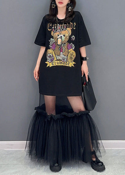 Style Black Tulle Ruffled Cartoon print Patchwork Cotton Dress Summer LY5793 - fabuloryshop