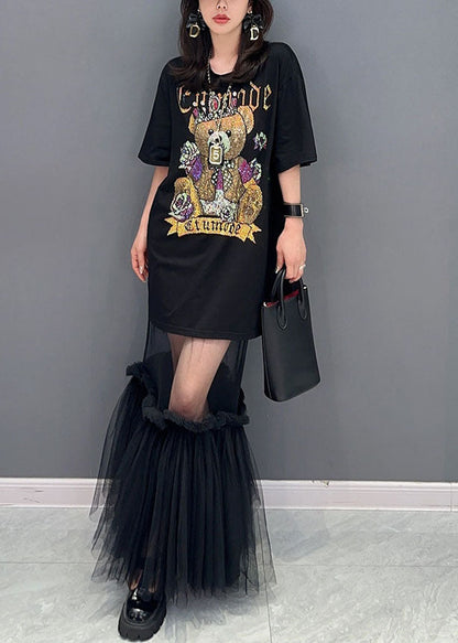 Style Black Tulle Ruffled Cartoon print Patchwork Cotton Dress Summer LY5793 - fabuloryshop