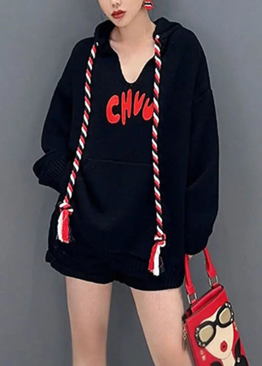 Style Black V Neck Graphic Print Drawstring Sweatshirts Long Sleeve Ada Fashion