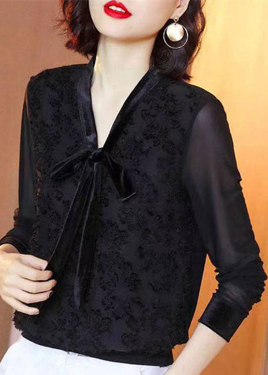 Style Black V Neck Lace Bow Patchwork Chiffon Shirt Tops Long Sleeve TP1004 - fabuloryshop