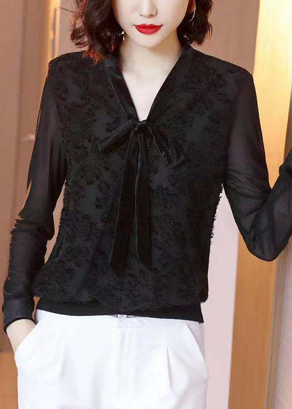 Style Black V Neck Lace Bow Patchwork Chiffon Shirt Tops Long Sleeve TP1004 - fabuloryshop