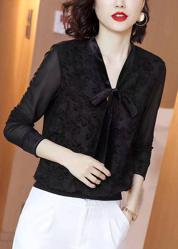 Style Black V Neck Lace Bow Patchwork Chiffon Shirt Tops Long Sleeve TP1004 - fabuloryshop