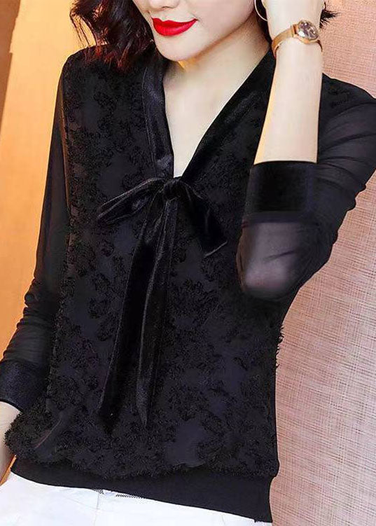 Style Black V Neck Lace Bow Patchwork Chiffon Shirt Tops Long Sleeve TP1004 - fabuloryshop