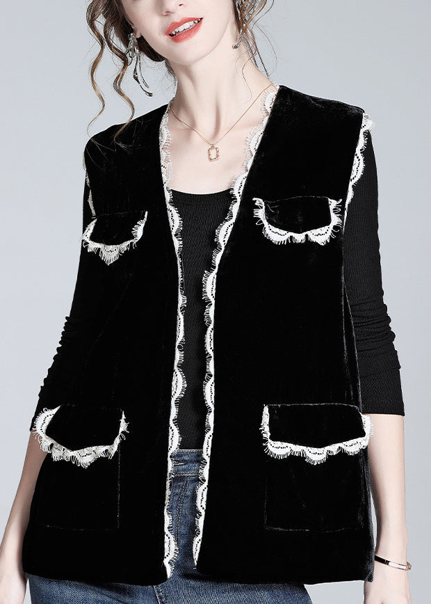 Style Black V Neck Lace Patchwork Silk Velour Waistcoat Spring LY0978 - fabuloryshop