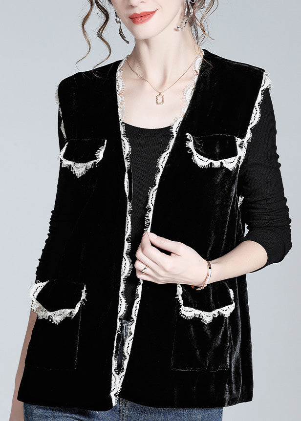 Style Black V Neck Lace Patchwork Silk Velour Waistcoat Spring LY0978 - fabuloryshop