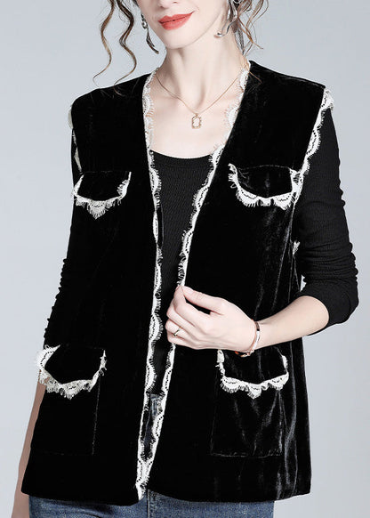 Style Black V Neck Lace Patchwork Silk Velour Waistcoat Spring LY0978 - fabuloryshop