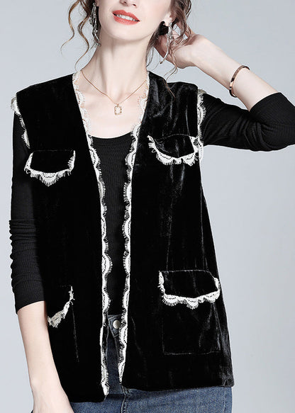 Style Black V Neck Lace Patchwork Silk Velour Waistcoat Spring LY0978 - fabuloryshop