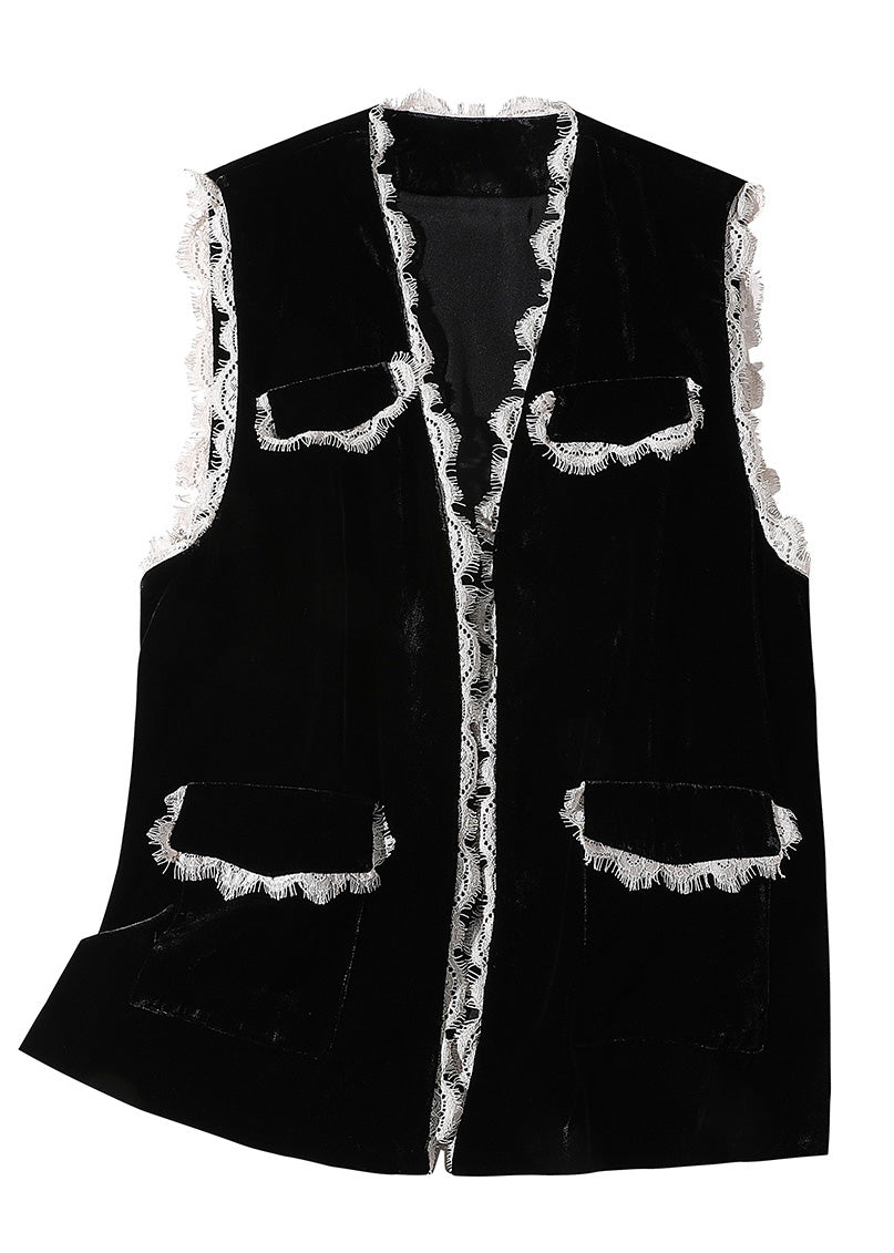 Style Black V Neck Lace Patchwork Silk Velour Waistcoat Spring LY0978 - fabuloryshop