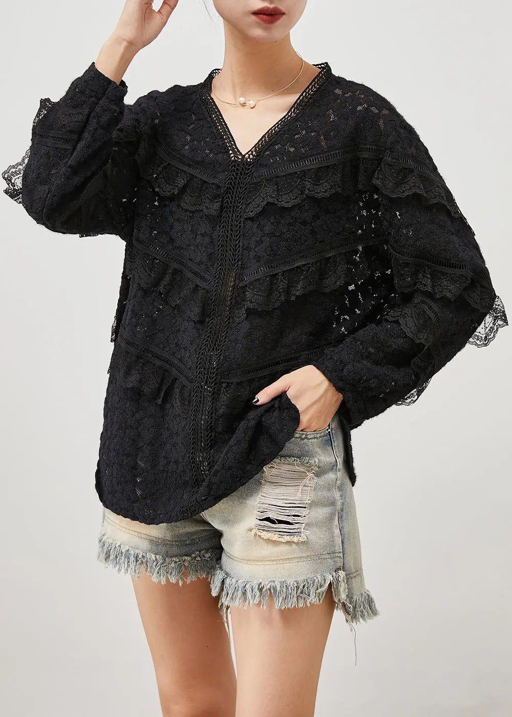 Style Black V Neck Patchwork Ruffles Lace Shirt Tops Fall Ada Fashion