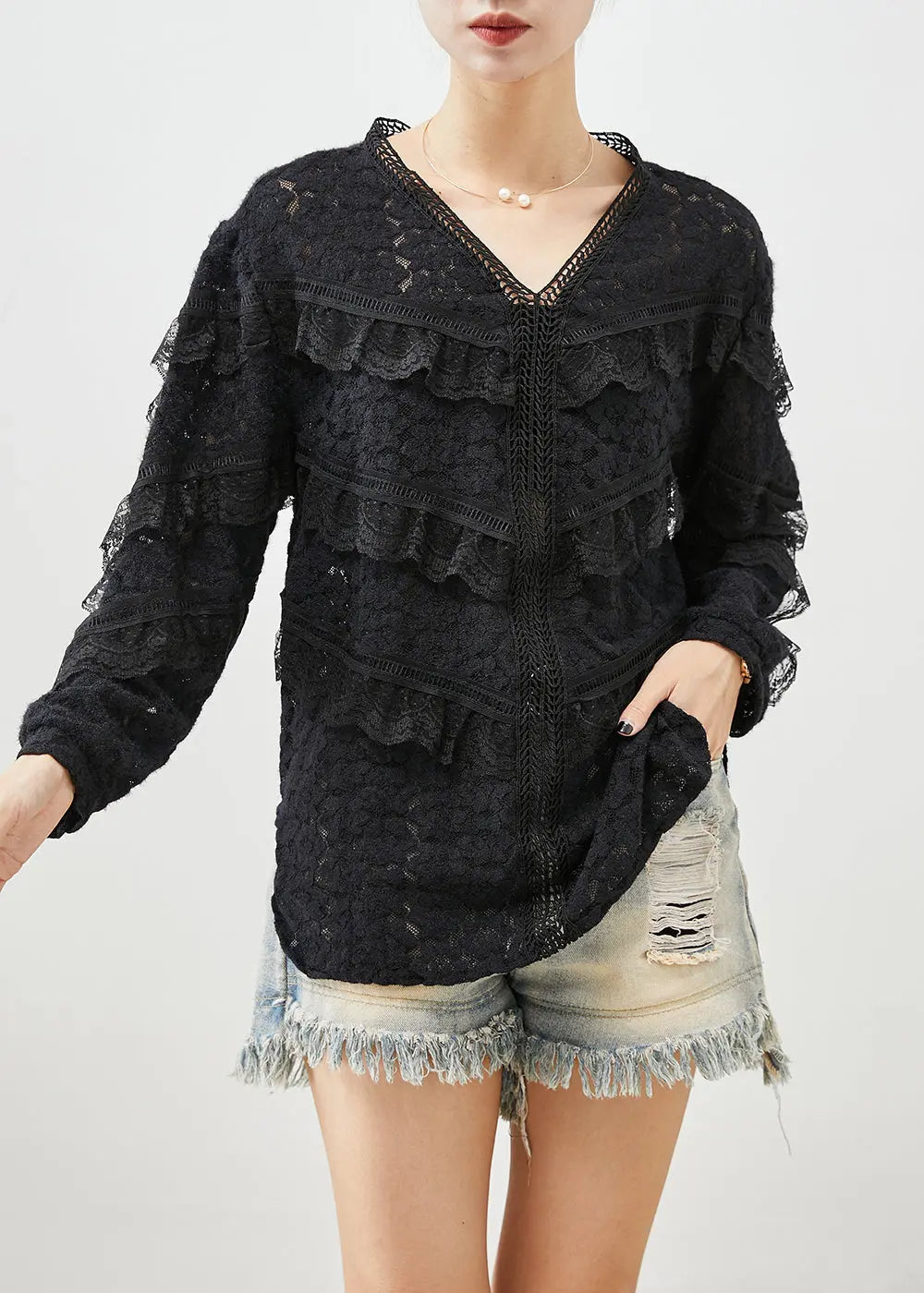 Style Black V Neck Patchwork Ruffles Lace Shirt Tops Fall Ada Fashion