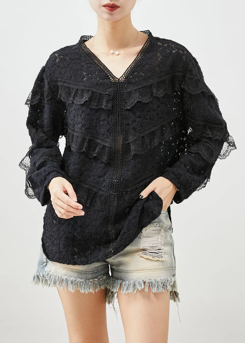 Style Black V Neck Patchwork Ruffles Lace Shirt Tops Fall Ada Fashion