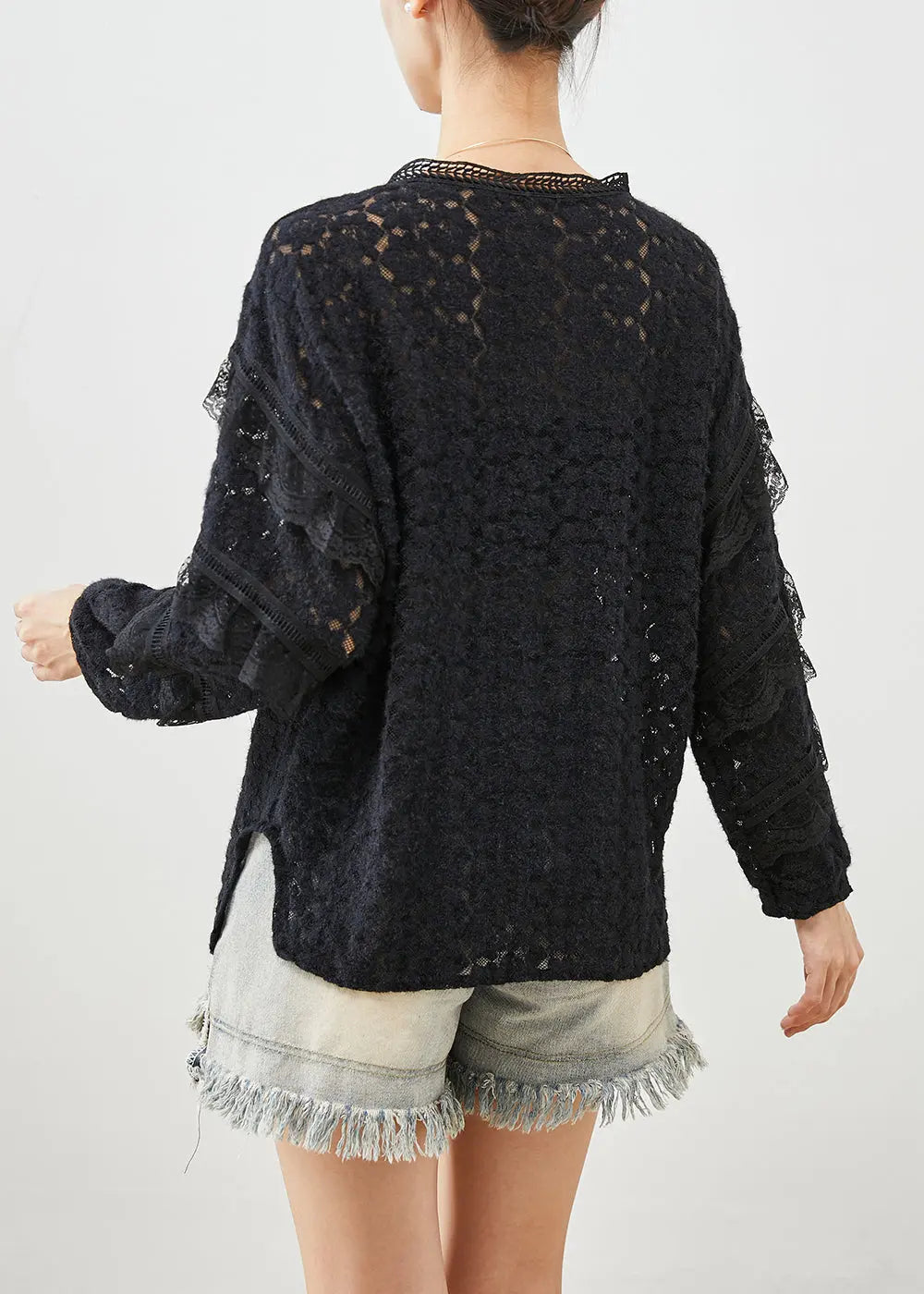 Style Black V Neck Patchwork Ruffles Lace Shirt Tops Fall Ada Fashion