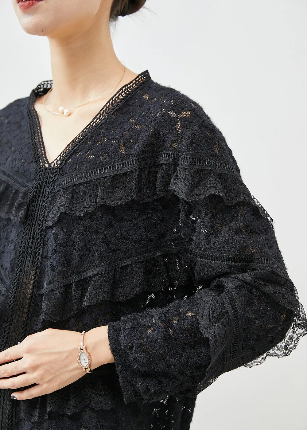 Style Black V Neck Patchwork Ruffles Lace Shirt Tops Fall Ada Fashion