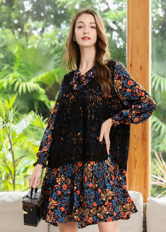 Style Black V Neck Print Chiffon Shirt Dress And Vest Two Piece Set Spring LY0250 - fabuloryshop