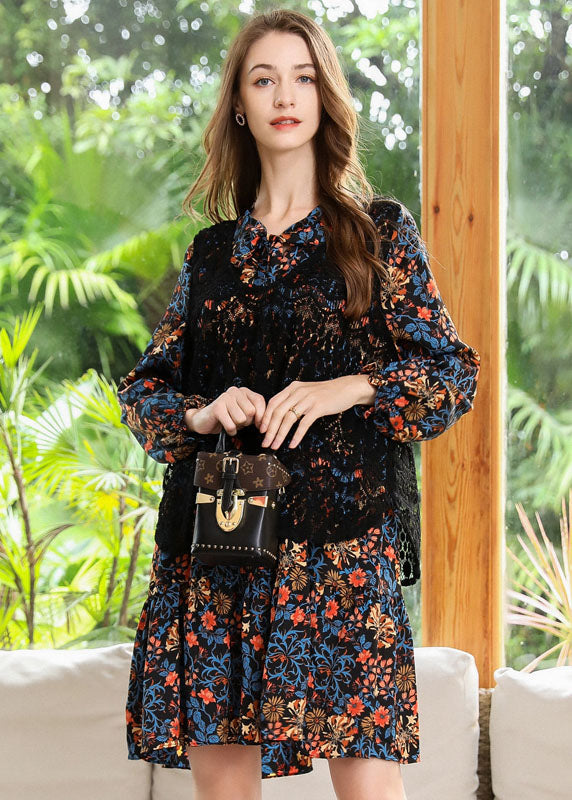 Style Black V Neck Print Chiffon Shirt Dress And Vest Two Piece Set Spring LY0250 - fabuloryshop