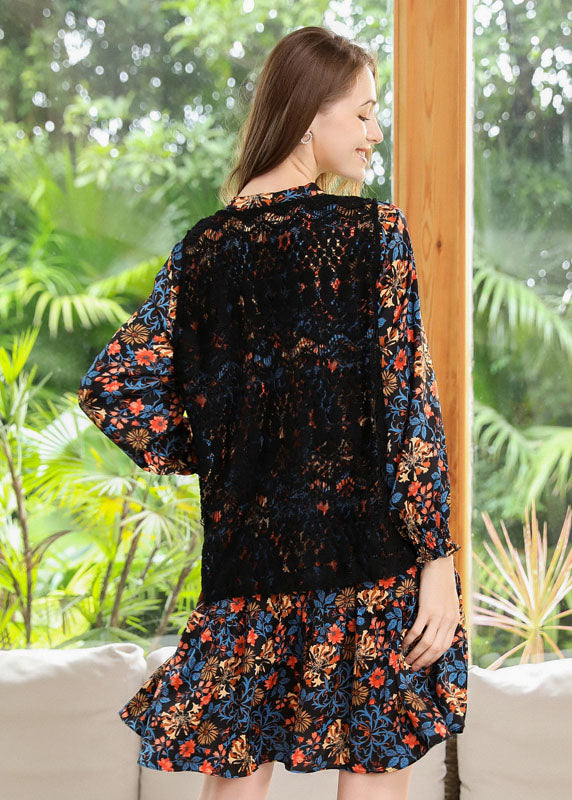 Style Black V Neck Print Chiffon Shirt Dress And Vest Two Piece Set Spring LY0250 - fabuloryshop