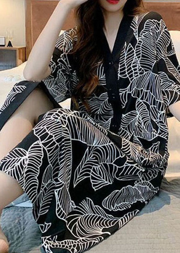 Style Black V Neck Print Patchwork Cotton Pajamas Dresses Summer LY2833 - fabuloryshop