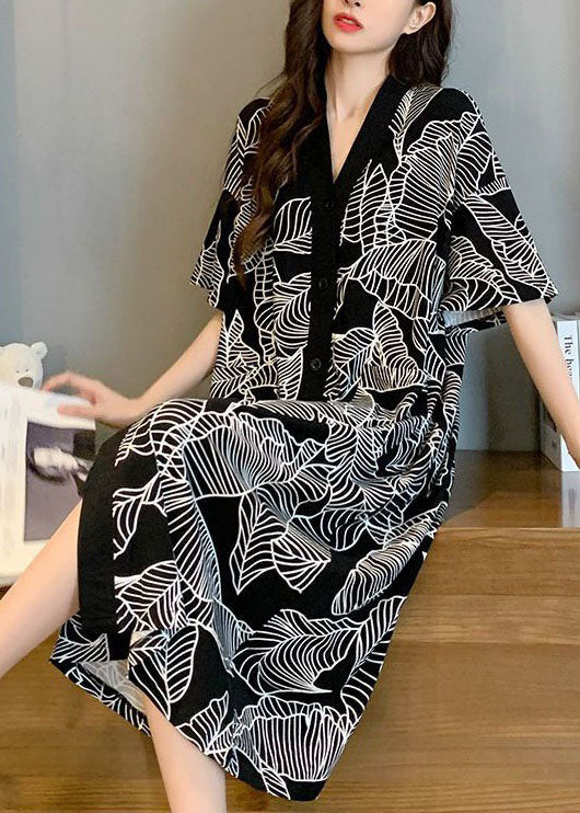 Style Black V Neck Print Patchwork Cotton Pajamas Dresses Summer LY2833 - fabuloryshop