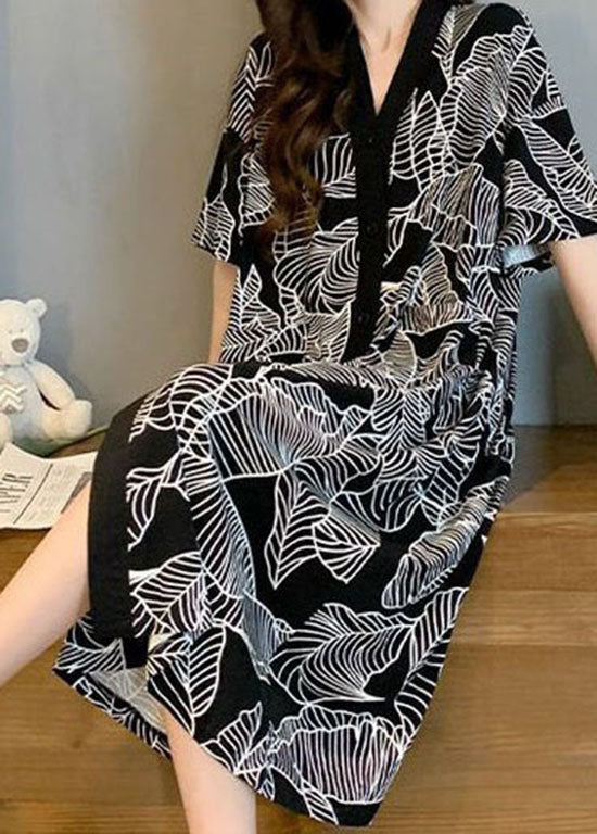 Style Black V Neck Print Patchwork Cotton Pajamas Dresses Summer LY2833 - fabuloryshop