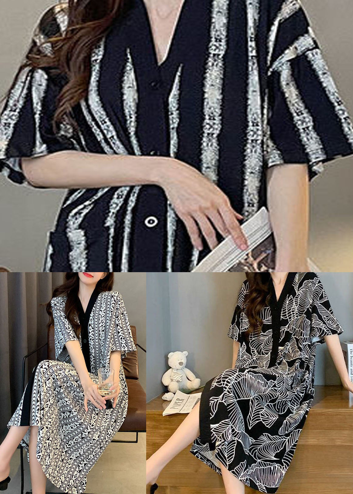 Style Black V Neck Print Patchwork Cotton Pajamas Dresses Summer LY2833 - fabuloryshop