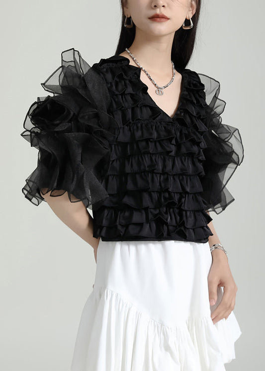 Style Black V Neck Ruffled Patchwork Tulle Blouses Puff Sleeve Ada Fashion