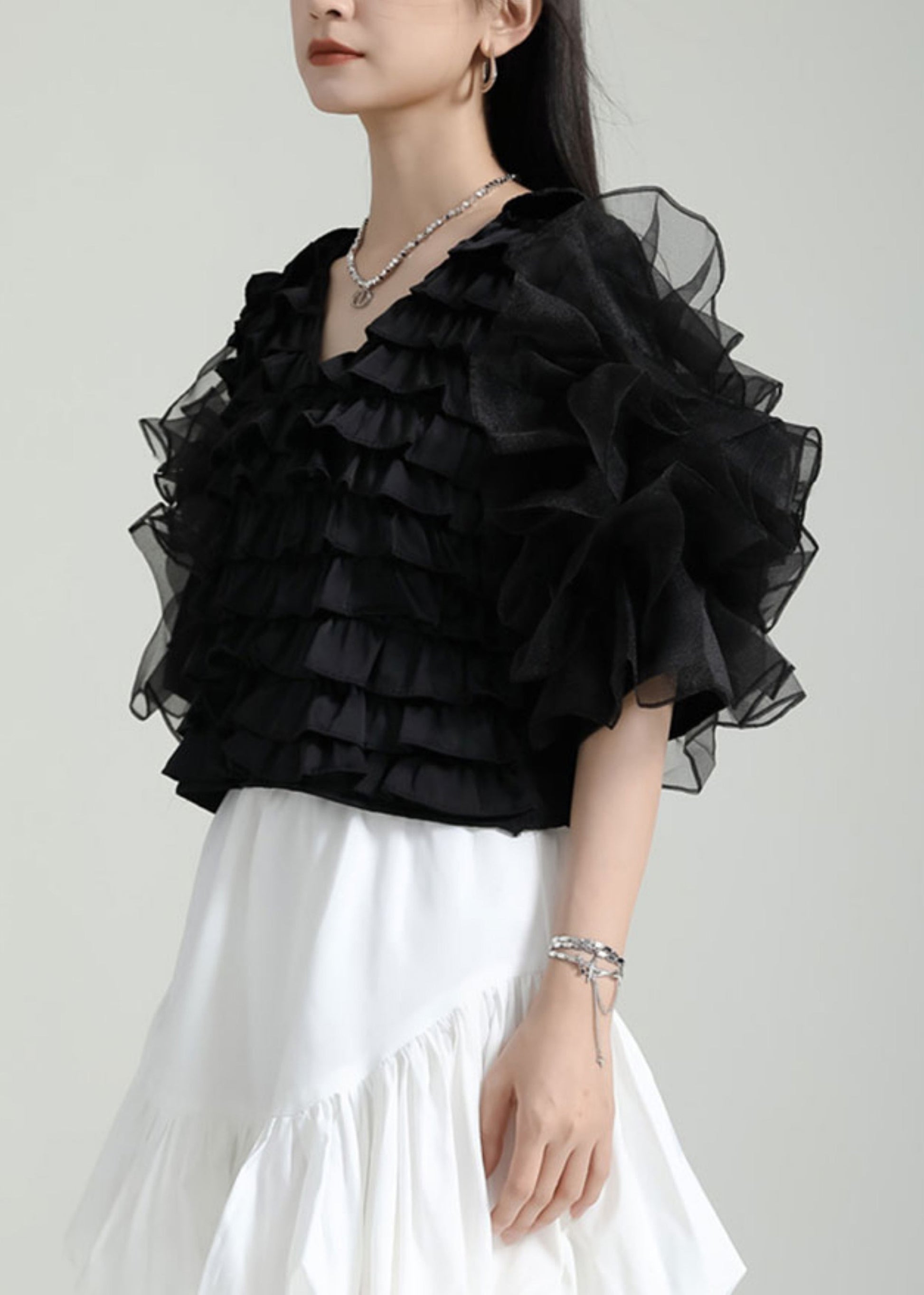 Style Black V Neck Ruffled Patchwork Tulle Blouses Puff Sleeve Ada Fashion