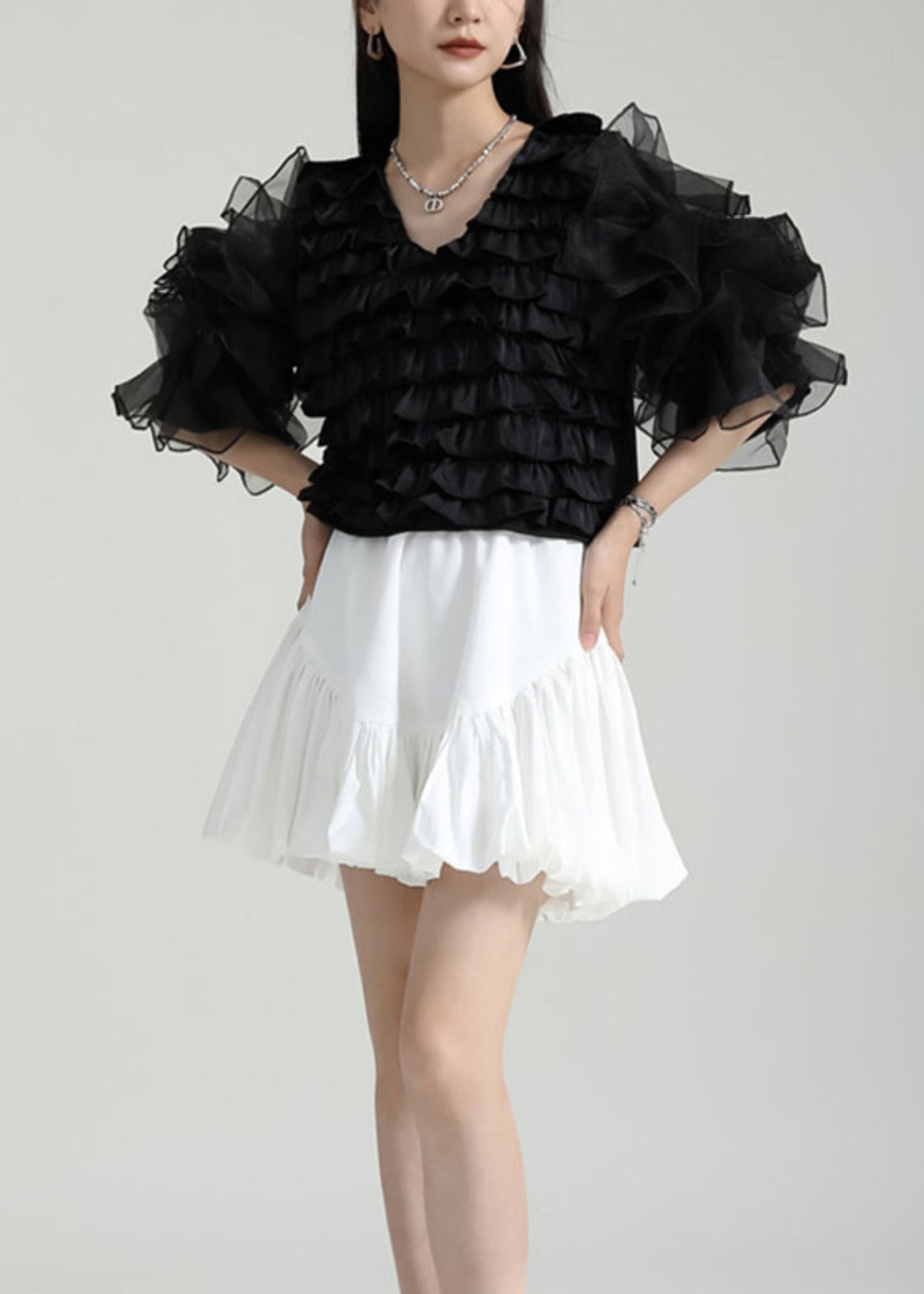 Style Black V Neck Ruffled Patchwork Tulle Blouses Puff Sleeve Ada Fashion