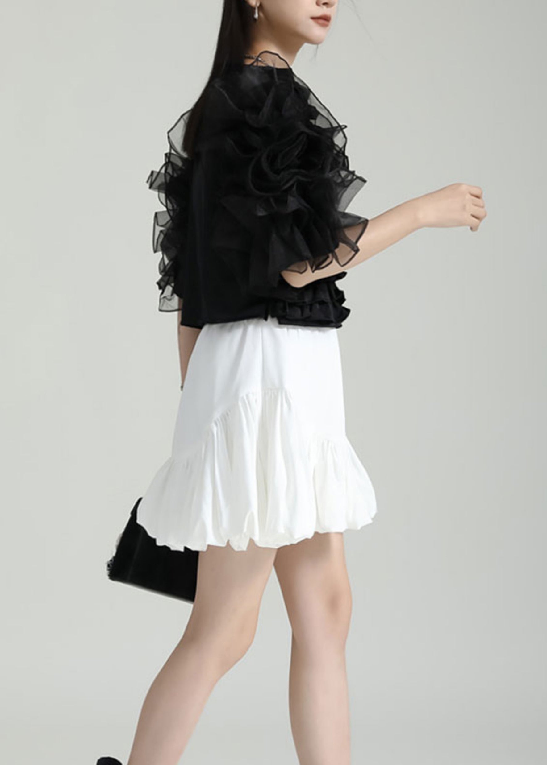 Style Black V Neck Ruffled Patchwork Tulle Blouses Puff Sleeve Ada Fashion