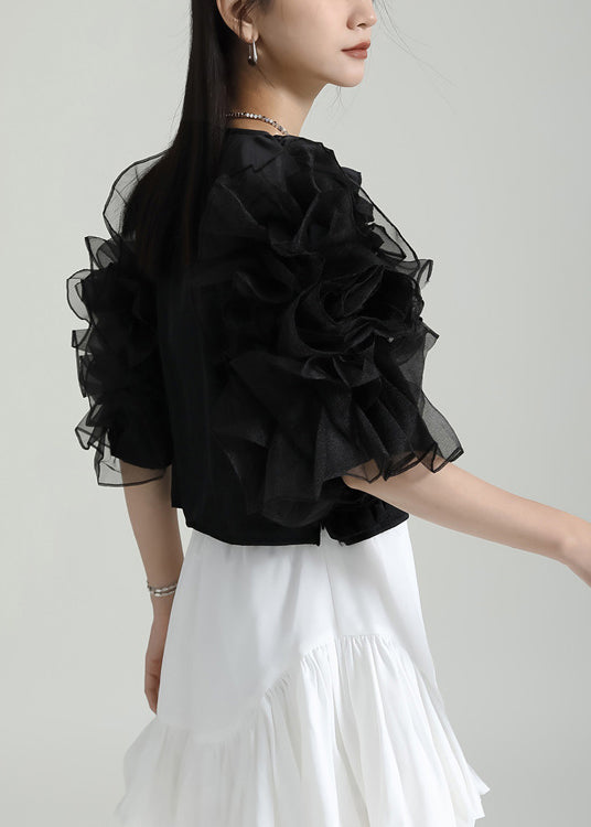 Style Black V Neck Ruffled Patchwork Tulle Blouses Puff Sleeve Ada Fashion