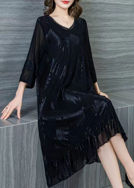 Style Black V Neck Wrinkled Lace Patchwork Silk Dresses Summer Ada Fashion