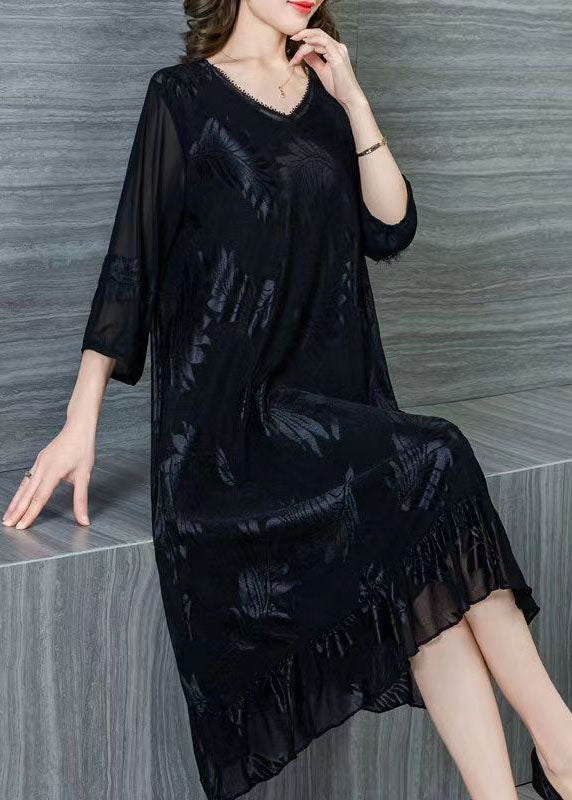 Style Black V Neck Wrinkled Lace Patchwork Silk Dresses Summer Ada Fashion