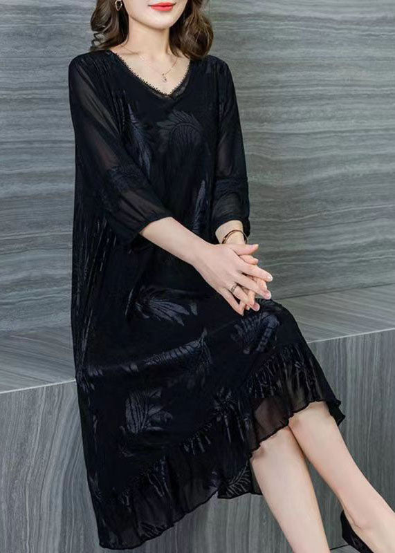 Style Black V Neck Wrinkled Lace Patchwork Silk Dresses Summer Ada Fashion