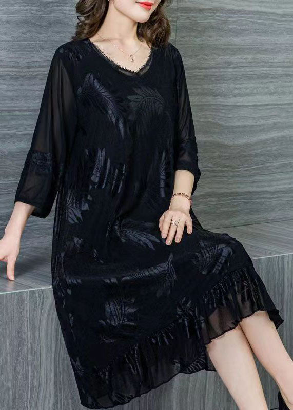 Style Black V Neck Wrinkled Lace Patchwork Silk Dresses Summer Ada Fashion